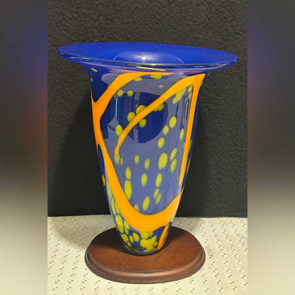 Modern Murano Milli Style Hand Blown Large 9” Glass Vase - Blue & Orange